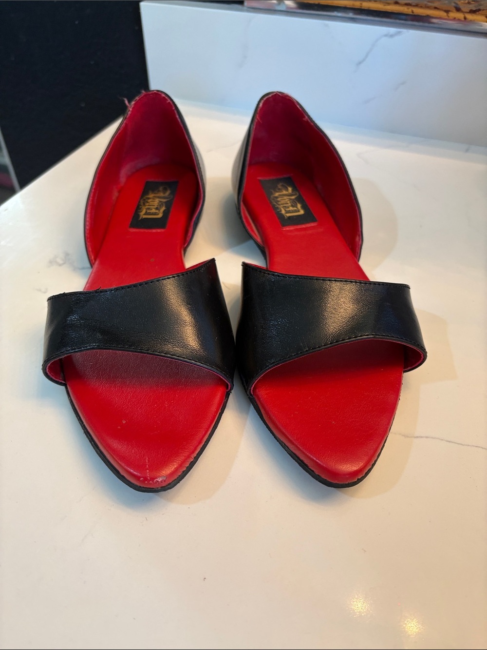 Kat Von D Lizzy black red Leather Open-Toe Flats pinup rockabilly rocke